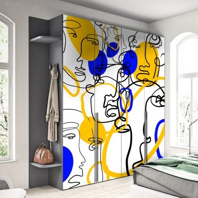 Yellow & blue with faces, Line Art, Αυτοκόλλητα ντουλάπας, 100 x 132 εκ.